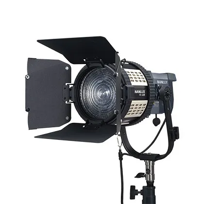 Nanlux_FL-12E_Fresnel_Lens_On_Evoke_150C_With_Barndoors_Front.jpg