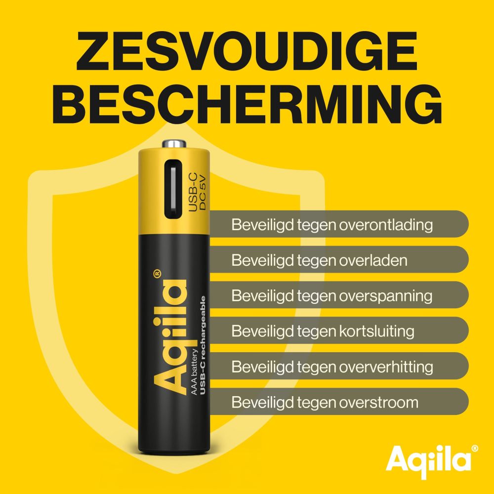 Aqiila AAA USB-C Rechargable Battery 1.5V 600mAh Li-Ion (4x)