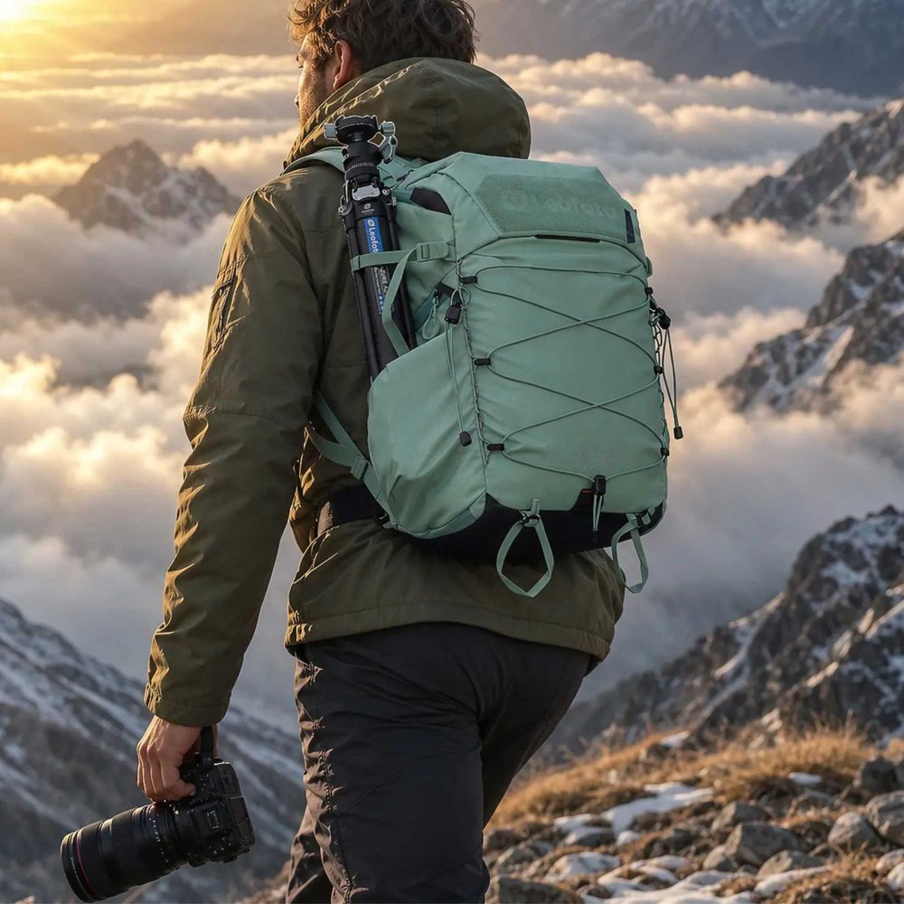 Mochila Leofoto Outdoor Series de 25 litros con inserto grande, color verde.
