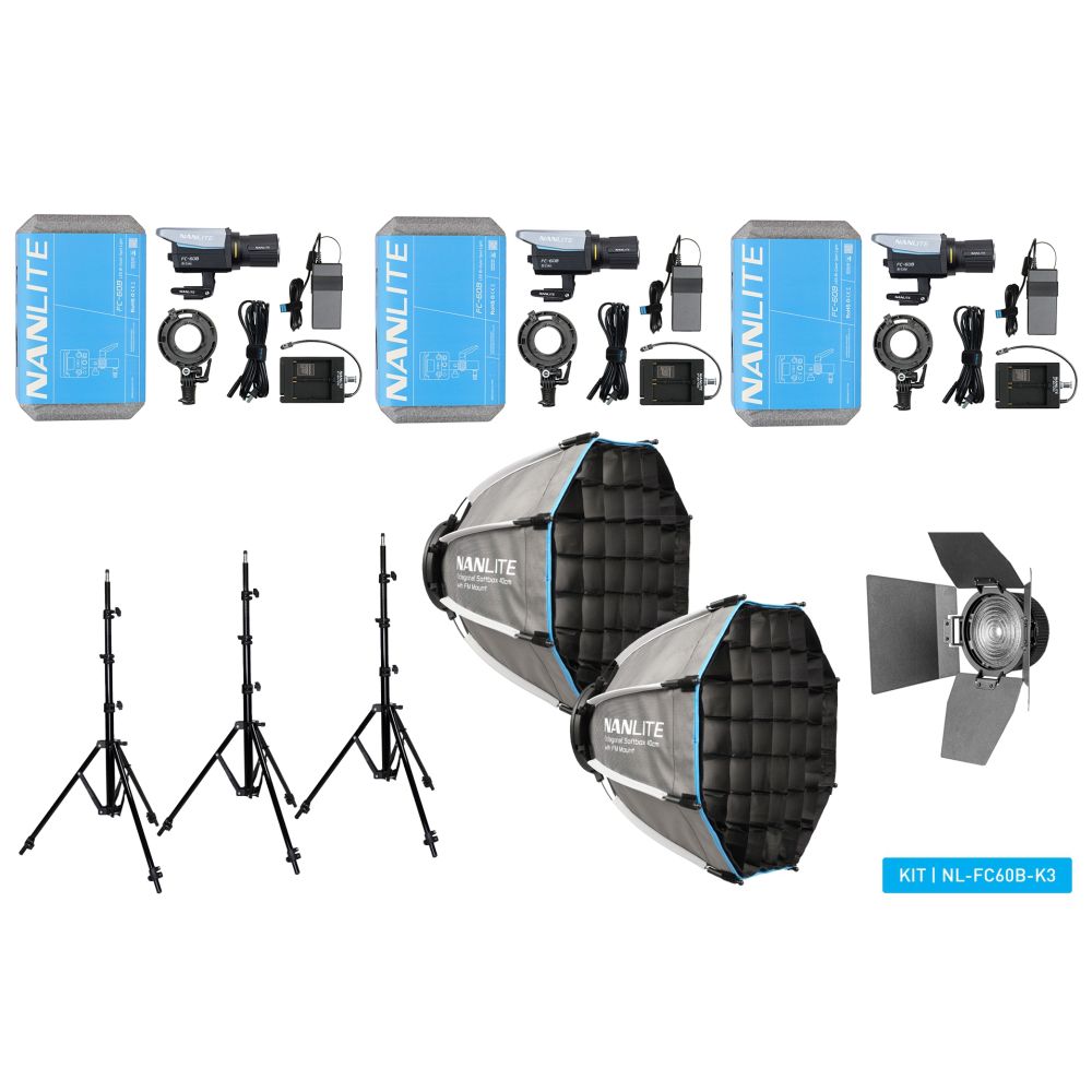 Kit triple Nanlite FC-60B LED Bicolor Spot Light (con estuche, soporte de luz, fresnel y softbox)