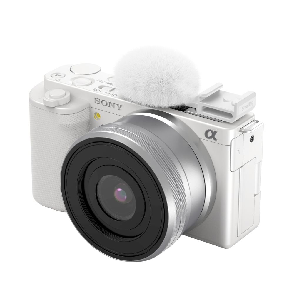 SmallRig 4734 Adaptador de zapata fría con parabrisas peludo (blanco) para cámaras Sony de la serie ZV