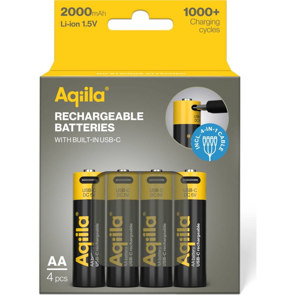 Pilas recargables Aqiila AA USB-C de 1,5 V y 2000 mAh de iones de litio (4 unidades)