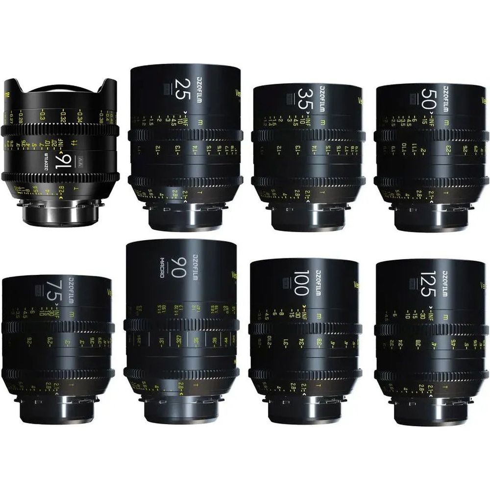 Kit de lentes DZOFILM Vespid 8 (16-25-35-50-75-100-125-90) PL y EF (escala de pies)