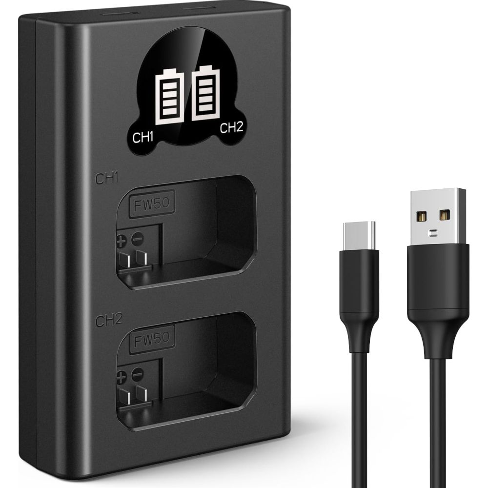 K&F Concept NP-FW50 Cargador de doble batería USB-C con pantalla