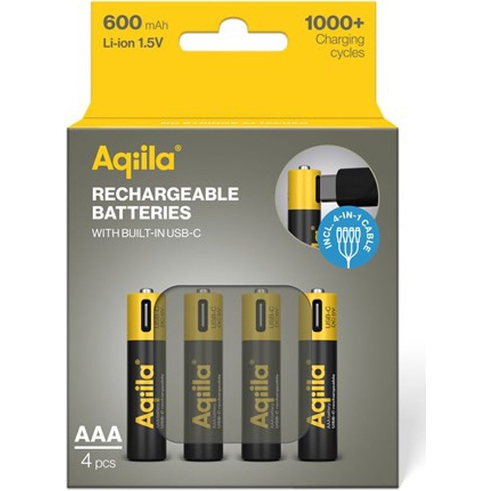 Pilas recargables Aqiila AAA USB-C de 1,5 V y 600 mAh de iones de litio (4 unidades)