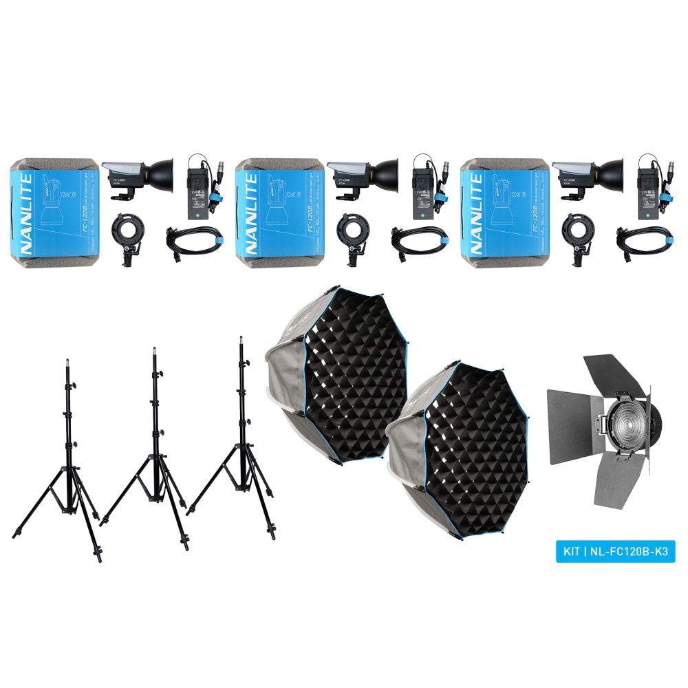 Kit triple Nanlite FC-120B LED Bicolor Spot Light (con estuche, soporte de luz, fresnel y softbox)