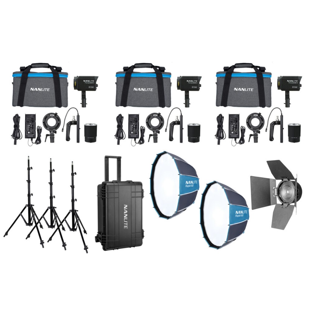 Nanlite Forza 60B II LED triple kit (con estuche, pie de iluminación, fresnel y softbox)